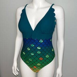 Rosegal Blue and Green One Piece Swimsuit with V-Neck